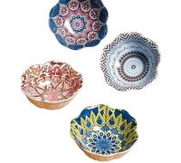 Brezeful 4-Piece 2.7oz Japanese Bohemian Ceramic Dipping Dish Set - Intricate Floral Patterns, Ideal for Sauces，Dishes,Dipping,Ketchup,Condiment,Snack,BBQ Party& Table Décor