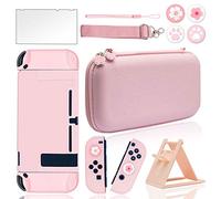 BRHE Pink Carrying Case Accessories Kit for Nintendo Switch with Protective Shell, Glass Screen Protector and Thumb Grip Caps ,10 in 1 Switch Case Travel Bundle