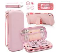 BRHE Pink Travel Carrying Case Accessories Kit for Switch Lite, Hard Protective Cover Skin Shell with Stand, Glass Screen Protector, Thumb Grip Caps 9 in 1