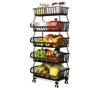 BRIAN & DANY 5 Tier Vegetable Storage Rack, Stackable Fruit Vegetable Stand with Lockable Casters and 5 S-Hooks for Kitchen, Pantry, Bathroom, Garage