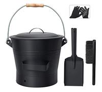 BRIAN & DANY Ash Bucket with Lid, Metal Ash Bucket for Fireplaces, 10L Coal Buckets with Shovel and Hand Broom, Tool Set Accessories, Fire Pit, Wood Burning Stove