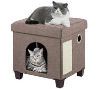 BRIAN & DANY Collapsible Cat Cave for Indoor Cats, Multifunctional Cube Cat House with Cat Scratch Board & Ball, 37x 31.8 x 36 cm, Brown