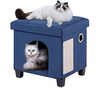 BRIAN & DANY Collapsible Cat Cave for Indoor Cats, Multifunctional Cube Cat House with Cat Scratch Board & Ball, 37x 31.8 x 36 cm, Blue