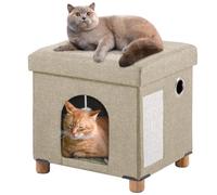 BRIAN & DANY Collapsible Cat Cave for Indoor Cats, Multifunctional Cube Cat House with Cat Scratch Board & Ball, 37x 31.8 x 36 cm, Beige A