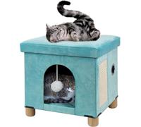BRIAN & DANY Collapsible Cat Cave for Indoor Cats, Multifunctional Cube Cat House with Cat Scratch Board & Ball, 37.5 x 32.5 x 36 CM, Green