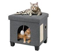 BRIAN & DANY Collapsible Cat Cave for Indoor Cats, Multifunctional Cube Cat House with Cat Scratch Board & Ball, 37.5 x 32.5 x 36 cm, Gray