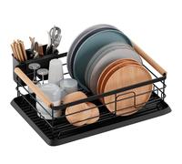 BRIAN & DANY Dish Drainer with Drip Tray, Wooden Handles, Black, 42 × 30 × 15 cm