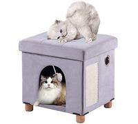 BRIAN & DANY Foldable Cat Bed for Indoor Pets, Large Cube House With Scratch Board & Ball, 37x31.8x36 CM, Gray