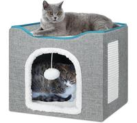 BRIAN & DANY Foldable Cat Cave Bed, Cube House with 2 Reversible Pads & Cat Ball, 40 x 40 x 32 cm, Grey