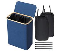 BRIAN & DANY Laundry Basket with Lid, 123L Double Laundry Hamper with Removable Bags and Bamboo Handles, Foldable Clothes Baskets, Oxford Fabric, 54 x 33 x 69 cm, Blue