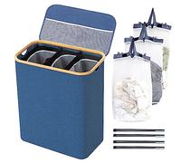 BRIAN & DANY Laundry Basket with Lid, Large Laundry Hamper 3 Compartments with Handles, Collapsible Washing Basket with 3 Removable Bags, Washing Bin for Dirty Clothes, 145L Blue