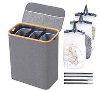 BRIAN & DANY Laundry Basket with Lid, Large Laundry Hamper 3 Compartments with Handles, Collapsible Washing Basket with 3 Removable Bags, Washing Bin for Dirty Clothes, 145L Gray