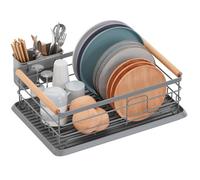 BRIAN & DANY Stainless Steel Dish Drainer with Thickening Drip Tray and Wooden Handles, Grey, 42 × 30 × 15 cm