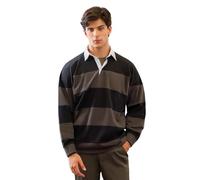 BRIAN OAK LONDON Men's Black Striped Rugby Polo Shirt, Relaxed Fit Long Sleeve Top, Premium Cotton Blend Athletic Casual Shirt (UK, Alpha, L, Regular, Regular, Black)