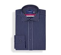 BRIAN OAK LONDON Men's Navy and White Striped Dress Shirt | Tailored Smart Fit, Easy Iron, Poplin Weave (UK, Neck, 15, Regular, Regular, Navy and White)