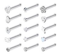 Briana Williams 15pcs Nose Studs Stainless Steel 20G Nose Screw L Shaped Nose Bone Rings Set Silver Piercing Jewellery