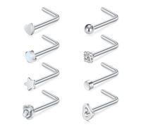 Briana Williams 20G 8pcs Nose Screw Studs Stainless Steel L Shaped Nose Bar Ring Zirconia Ball Heart Star Flat Top Nostril Piercing Jewelry