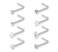 Briana Williams 20G 8pcs Nose Screw Studs Stainless Steel Ring L Shaped Nose Bar Zirconia Ball Heart Star Flat Top Nostril Piercing Jewelry
