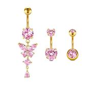 Briana Williams 3pcs 14G Belly Button Bar Ring Gold Stainless Steel Navel Piercing 10mm Pink Butterfly Heart CZ Belly Jewelry for girl women