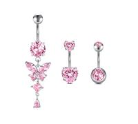 Briana Williams 3pcs 14G Belly Button Bar Ring Silver Stainless Steel Navel Piercing 10mm Pink Butterfly Heart CZ Belly Jewelry for girl women