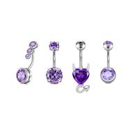 Briana Williams 4pcs 14G Belly Button Bar Ring Silver Stainless Steel Navel Piercing 10mm Heart Purple CZ Belly Jewelry for girl women