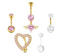 Briana Williams 5pcs 14G Belly Button Bar Ring Gold Stainless Steel Navel Piercing 10mm Heart Pink CZ Belly Jewelry for girl women