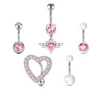 Briana Williams 5pcs 14G Belly Button Bar Ring Silver Stainless Steel Navel Piercing 10mm Heart Pink CZ Belly Jewelry for girl women