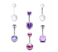 Briana Williams 6pcs 14G Belly Button Bar Ring Silver Stainless Steel Navel Piercing 10mm Heart Purple CZ Belly Jewelry for girl women
