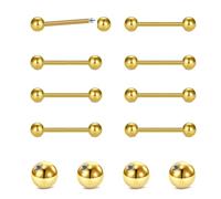 Briana Williams 8pcs Tongue Bars Nipple Ring and 4pcs Replacement Balls, 14G Stainless Steel Metal Straight Barbell Piercing Jewellery Gold 16mm
