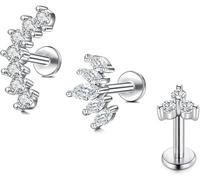 Briana Williams Tragus Earring Flat Back 16g Silver Diamond Lip Labret Bar 6mm 8mm Stud Helix Piercing Jewellery