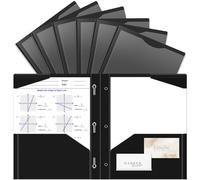 Briartw Heavy Duty Plastic Pocket Folder with Prongs for Letter Size Paper,6 Pack Black File Folder with Clear Front Pocket,2 Pockets and 3 Prongs,As Well As 2 Card Slots,Pocket Folders