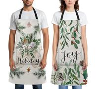 Bribay 2 Pack Aprons, Christmas Watercolor Leaves Berry Pine Branches Adjustable Bib with 2 Pockets Apron 32"x28" for Women Men Chef Home Kitchen Cooking Baking Gardening Studio Party