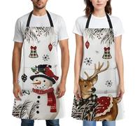 Bribay 2 Pack Aprons, Snowman Reindeer Christams Black White Plaid Adjustable Bib with 2 Pockets Apron 32"x28" for Women Men Chef Home Kitchen Cooking Baking Gardening Studio Party