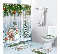 Bribay 4 Piece Shower Curtain Sets, Green Pine Xmas Plants Christmas with Non-Slip Rugs, Toilet Lid Cover and Bath Mat, for Bathroom Decor Set, 72" x 72"