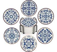 Bribay Coaster for Drinks Set of 6, Blue Vintage Spanish Ceramic Floral Absorbent Round Ceramic Stone Mat, with Cork Base and Metal Holder, Gift for Housewarming Room Bar Decor