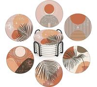 Bribay Coaster for Drinks Set of 6, Boho Aesthetic Burnt Orange Terracotta Absorbent Round Ceramic Stone Mat, with Cork Base and Metal Holder, Gift for Housewarming Room Bar Decor