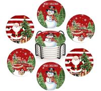 Bribay Coaster for Drinks Set of 6, Christmas Tree Snowman Snowflakes Xmas Truck Santa Claus Red Absorbent Round Ceramic Stone Mat with Cork Base and Metal Holder, Gift for Housewarming Room Bar Decor