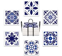 Bribay Coasters for Drinks Set of 6, Navy Blue Ceramic Tiles Geometric Pattern Absorbent Square Ceramic Stone Mat, with Cork Base and Metal Holder, Gift for Housewarming Room Bar Decor
