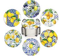 Bribay Coasters for Drinks Set of 6, Yellow Lemon Fruit Blue Ceramic Pattern Absorbent Round Ceramic Stone Mat, with Cork Base and Metal Holder, Gift for Housewarming Room Bar Decor