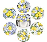 Bribay Coasters for Drinks Set of 6, Yellow Lemon Fruit Blue Ceramic Pattern Absorbent Round Ceramic Stone Mat, with Cork Base and Metal Holder, Gift for Housewarming Room Bar Decor