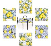 Bribay Coasters for Drinks Set of 6, Yellow Lemon Fruit Blue Ceramic Tiles Pattern Absorbent Square Ceramic Stone Mat, with Cork Base and Metal Holder, Gift for Housewarming Room Bar Decor
