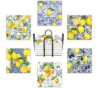 Bribay Coasters for Drinks Set of 6, Yellow Lemon Fruit Blue Ceramic Tiles Pattern Absorbent Square Ceramic Stone Mat, with Cork Base and Metal Holder, Gift for Housewarming Room Bar Decor