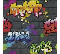 Kids Black Graffiti Wallpaper Brick Effect Feature Wall Bedroom Games Room
