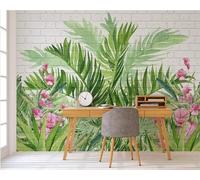 Brick Wall Plants Green Leaves Pink Flowers Modern 3D Wallpaper Premium Textured Silk Neutral Tones Material Ideal for Living Room Bedroom-150cm×105cm