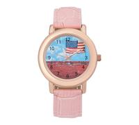 Brick Wall U.S. Flag Women's Watch Pink Rose Gold Strap Wristwatch Minimalist Easy Reader Watchec