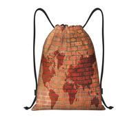 Brick Wall World Atlas Map Pattern Unisex Drawstring Bag Foldable Drawstring Backpack Waterproof Gym Sack For Sports Gym Hiking Climbing