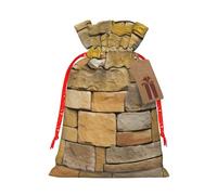 Brick Yellow Stone Wall Printed Christmas Drawstring Bags Reusable Xmas Bag for Party Xmas Gift Wrapping, Red Ribbon, S