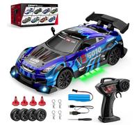 Brickaro Mini RC Drift Car, 1/24 Scale 2.4G Variable-Speed Drift RC Car with Wheels, Road Tires and Traffic Barriers, Dynamic LED Lighting System, Gift for Adults(Red/Blue)
