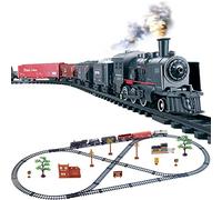 BrickCraftWorks Electric Retro Train Set, Mini Classical Smoking Steam Train Railway Train Playset, Steam Locomotive with Railroad Carriages Long Tracks