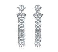 Bridal AAA Cubic Zirconia CZ Linear Statement Traditional Asian Estate Art Deco Style Column Chandelier Earrings For Women Prom Silver Plated